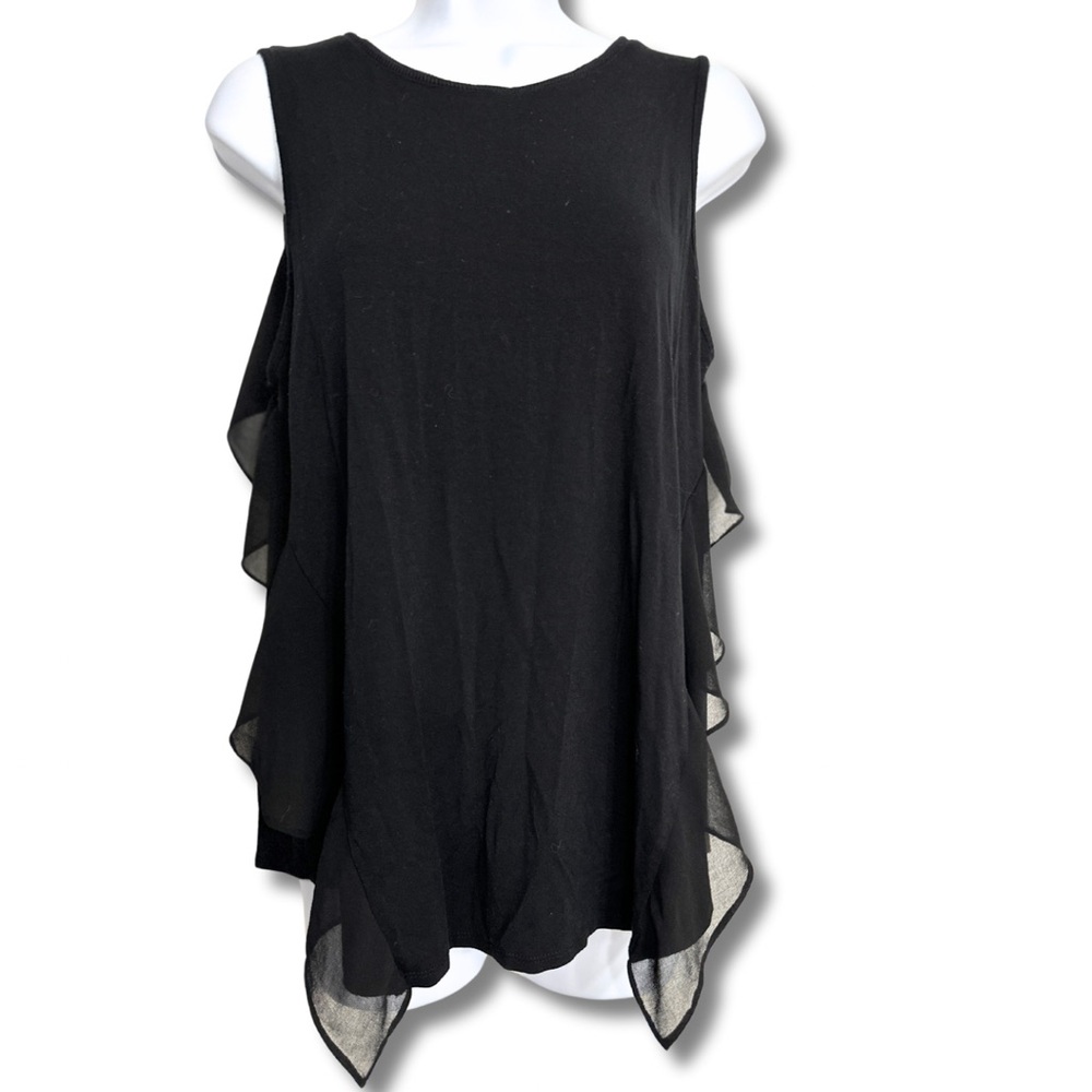 H BY HALSTON Elegant Black Sleeveless Ruffle Lace Side Blouse Womens Size Medium